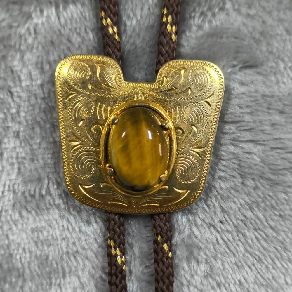 Vintage Bolo Tie Mens Brown Gold Tone Tiger Eye Western Cowboy Rope Southwest